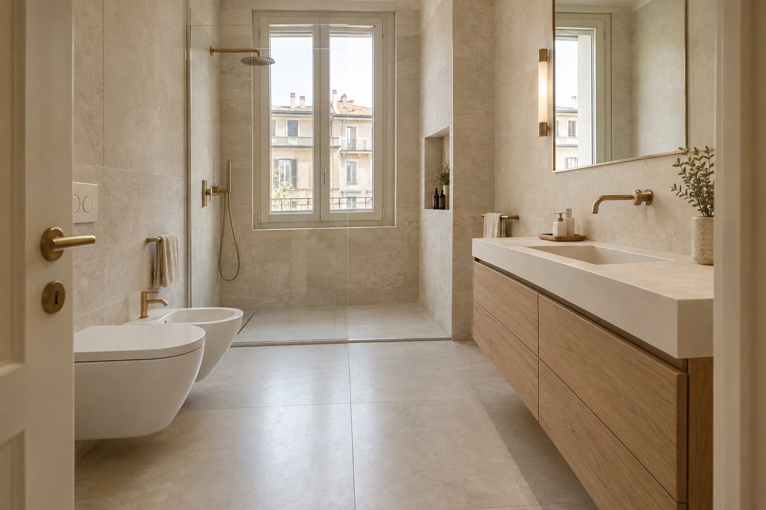 Bagno ristrutturato con pavimento e rivestimenti in gres effetto pietra, immagine illustrativa
